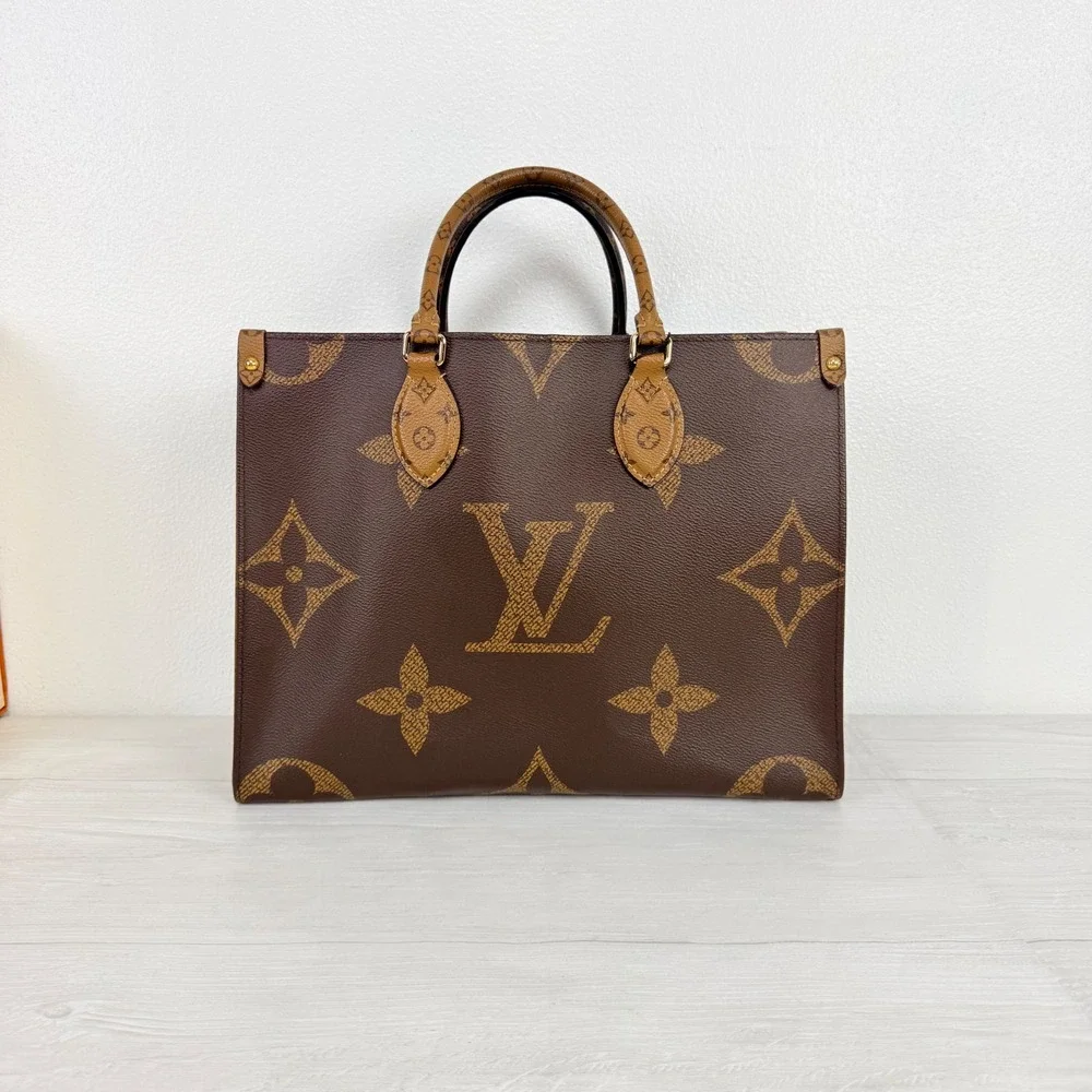 Louis Vuitton Onthego MM Tote Brown Giant Monogram Luxury Work Travel Bag Auth